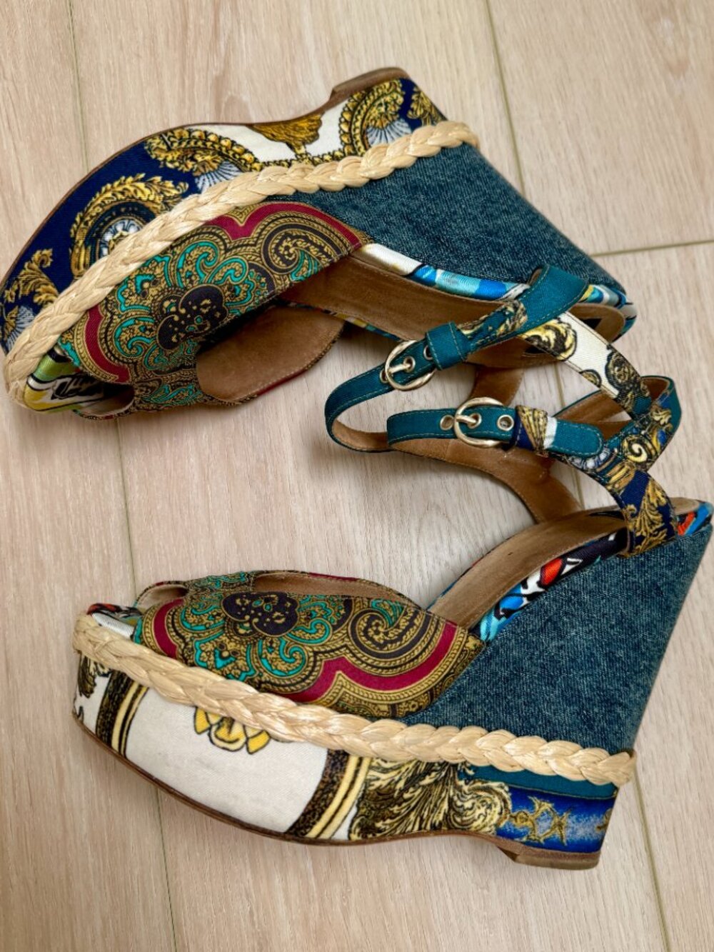 DG silk scarf and denim wedges